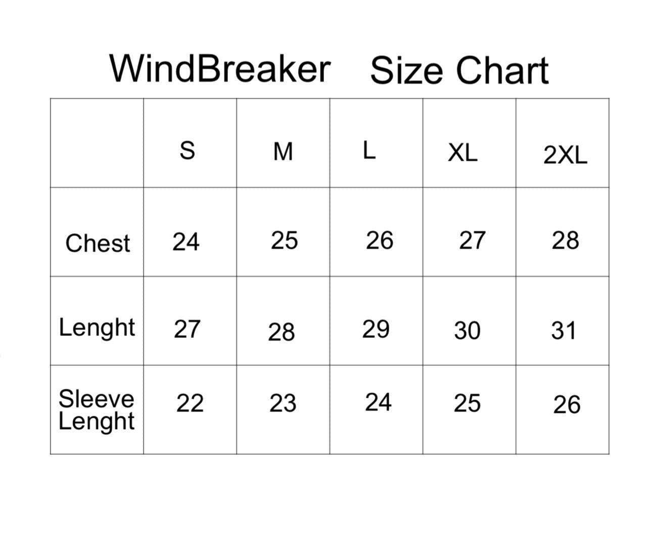 Windbreaker size chart with measurements for chest, length, and sleeve length.